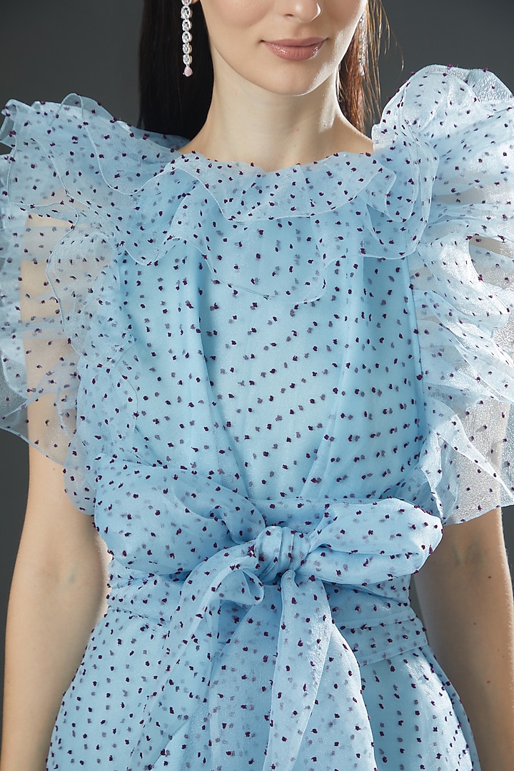 Blue Dotted Organza High-Low Party Wear Dress by Gauri And Nainika at Pernia's Pop Up Shop