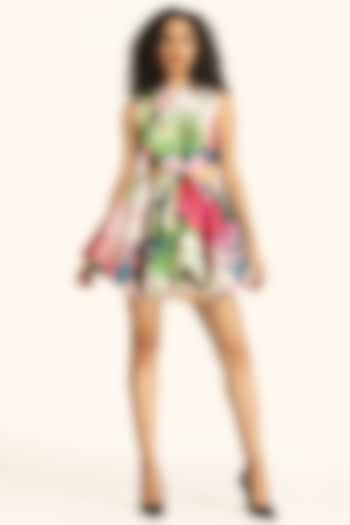 Multi-Colored Mikado Dahlia Printed Cut-Out Mini Dress by Gauri And Nainika