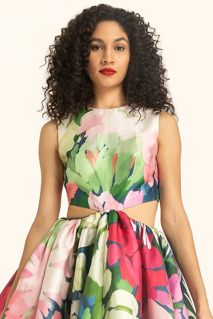 Multi-Colored Mikado Dahlia Printed Cut-Out Mini Party Wear Dress by Gauri And Nainika at Pernia's Pop Up Shop