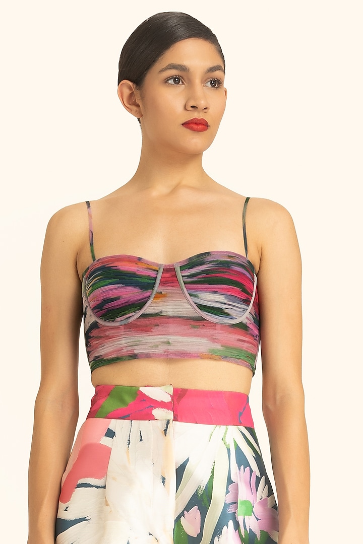 Multi-Colored Mikado Dahlia Printed Corset Draped Top by Gauri And Nainika at Pernia's Pop Up Shop
