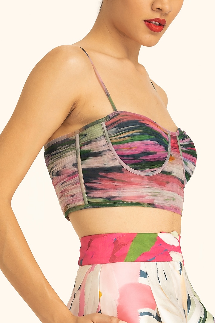 Multi-Colored Mikado Dahlia Printed Corset Draped Top by Gauri And Nainika at Pernia's Pop Up Shop