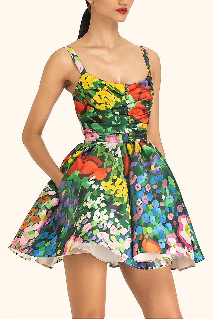 Multi-Colored Mikado Poppy Printed Mini Party Wear Dress by Gauri And Nainika at Pernia's Pop Up Shop