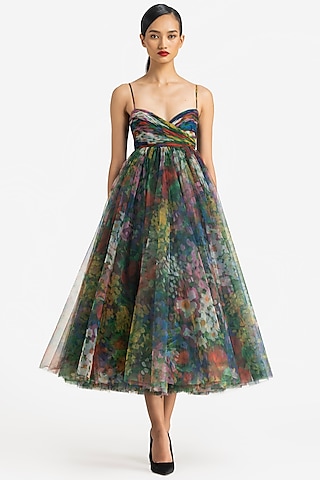 Multi-Colored Net Poppy Printed Midi Dress by Gauri And Nainika