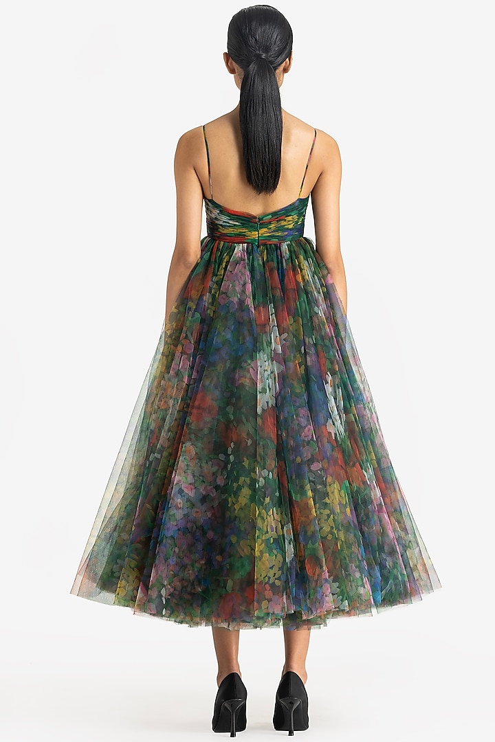Multi-Colored Net Poppy Printed Midi Party Wear Dress by Gauri And Nainika at Pernia's Pop Up Shop