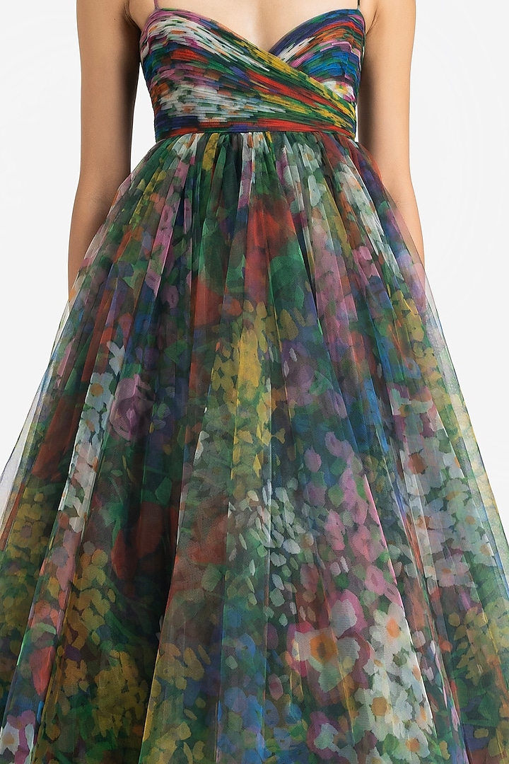 Multi-Colored Net Poppy Printed Midi Party Wear Dress by Gauri And Nainika at Pernia's Pop Up Shop