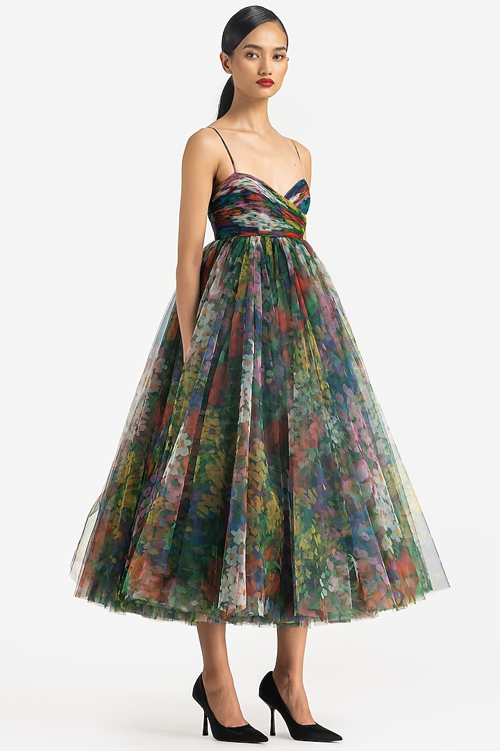 Multi-Colored Net Poppy Printed Midi Party Wear Dress by Gauri And Nainika at Pernia's Pop Up Shop
