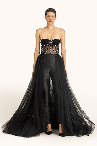 Black Mikado & Net Pearl Strapless Trail Jumpsuit by Gauri And Nainika