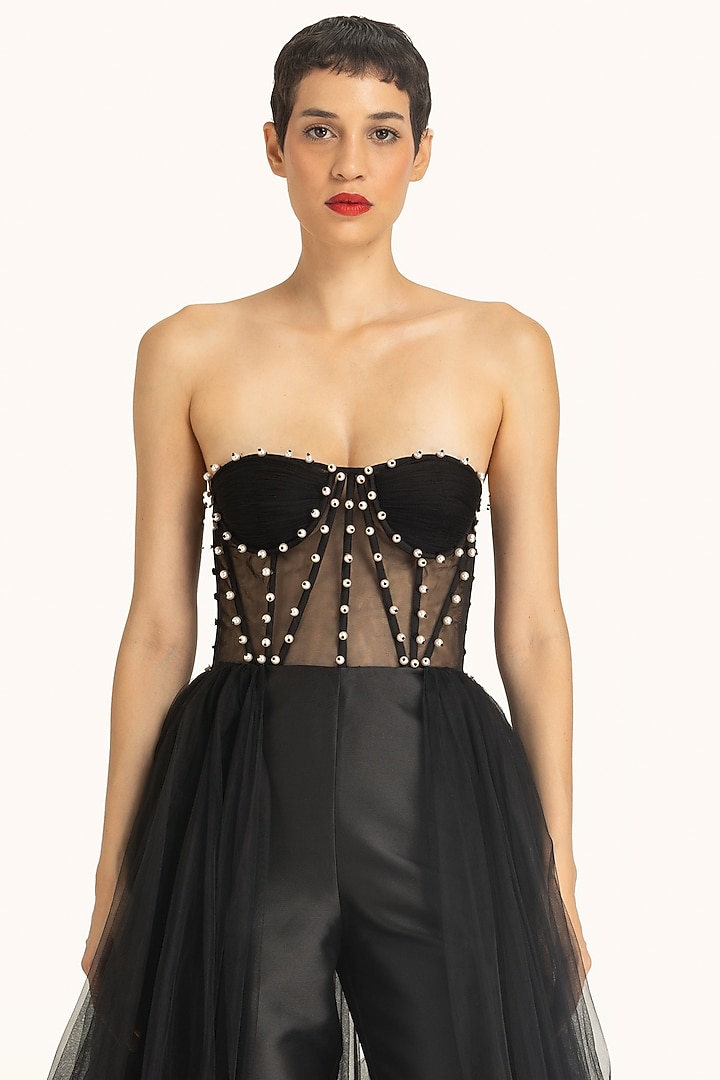Black Mikado & Net Pearl Strapless Trail Jumpsuit by Gauri And Nainika at Pernia's Pop Up Shop