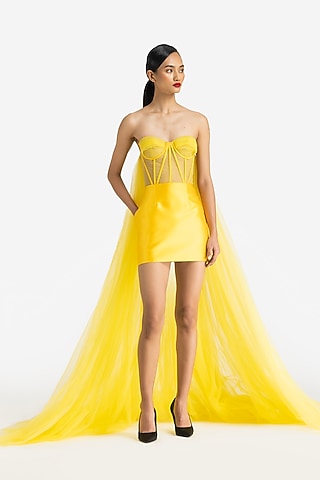 Yellow Mikado Corset Mini Dress by Gauri And Nainika
