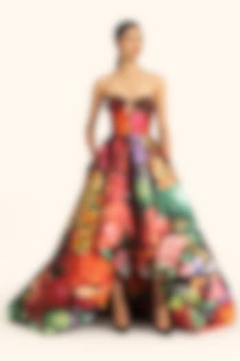 Multi-Colored Mikado Printed Strapless High-Low Dress by Gauri And Nainika