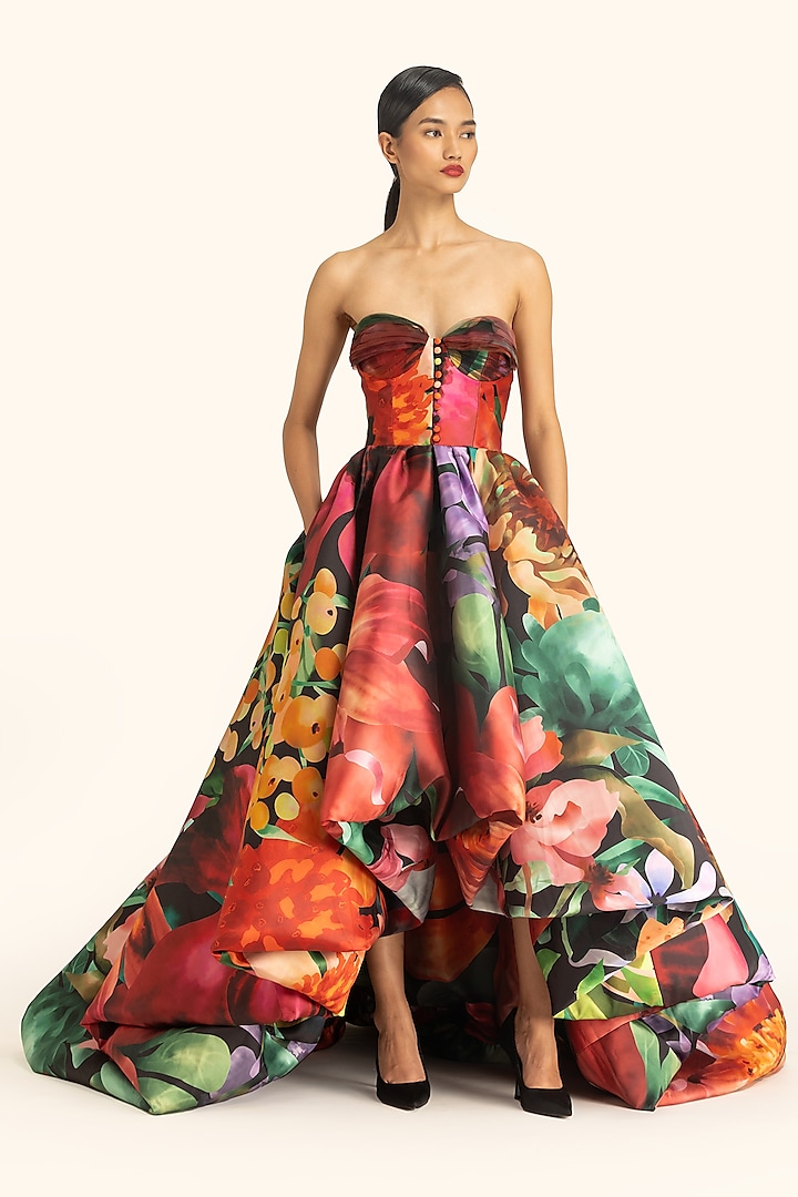 Multi-Colored Mikado Printed Strapless High-Low Dress by Gauri And Nainika