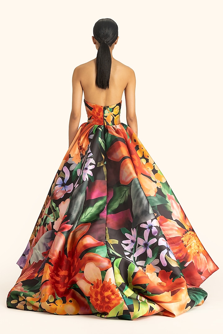 Multi-Colored Mikado Printed Strapless High-Low Party Wear Dress by Gauri And Nainika at Pernia's Pop Up Shop