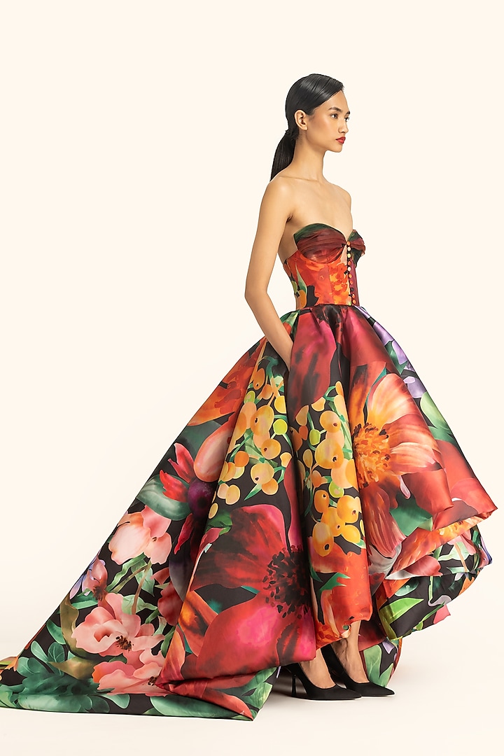 Multi-Colored Mikado Printed Strapless High-Low Party Wear Dress by Gauri And Nainika at Pernia's Pop Up Shop