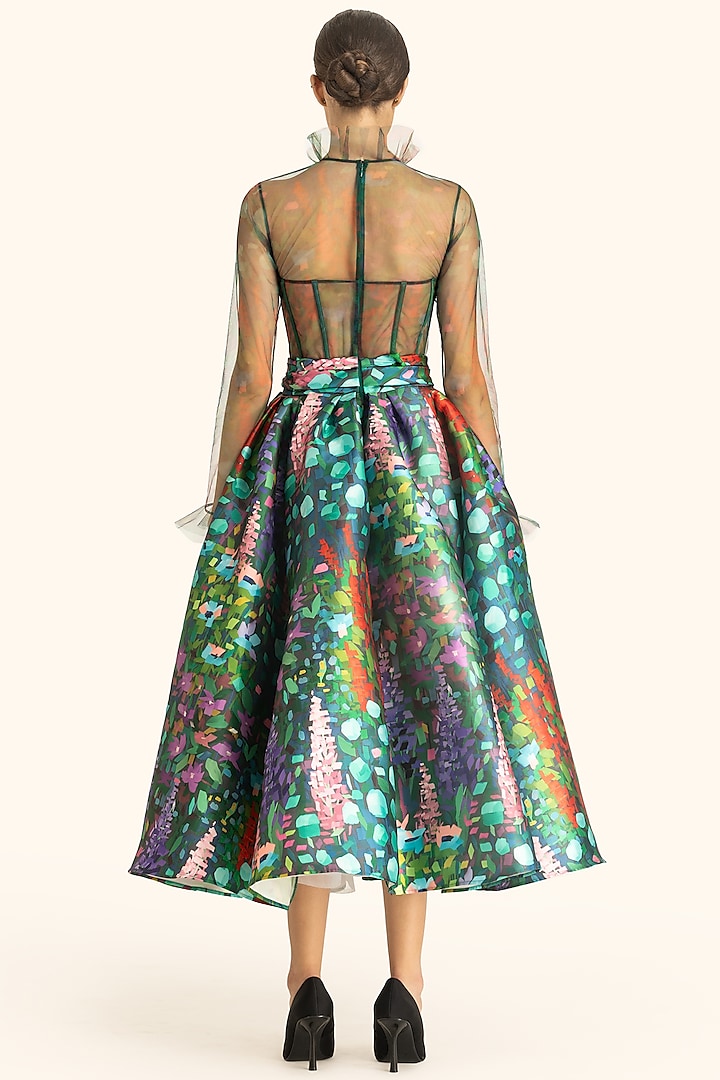 Multi-Colored Mikado & Net Printed Midi Party Wear Dress by Gauri And Nainika at Pernia's Pop Up Shop