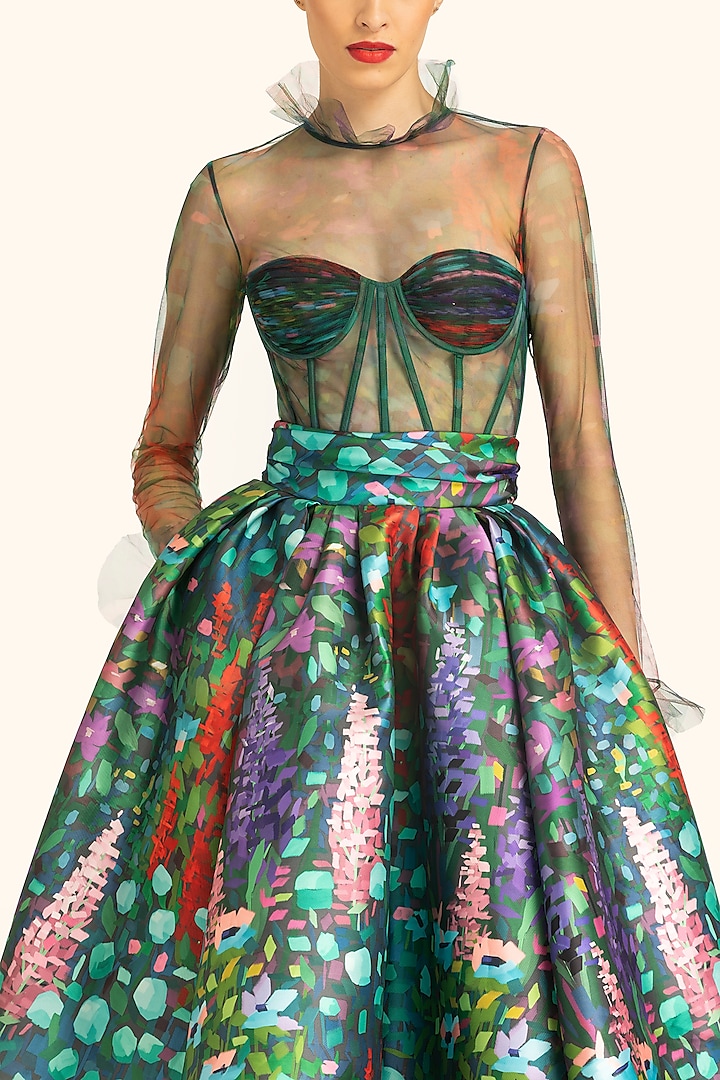 Multi-Colored Mikado & Net Printed Midi Party Wear Dress by Gauri And Nainika at Pernia's Pop Up Shop