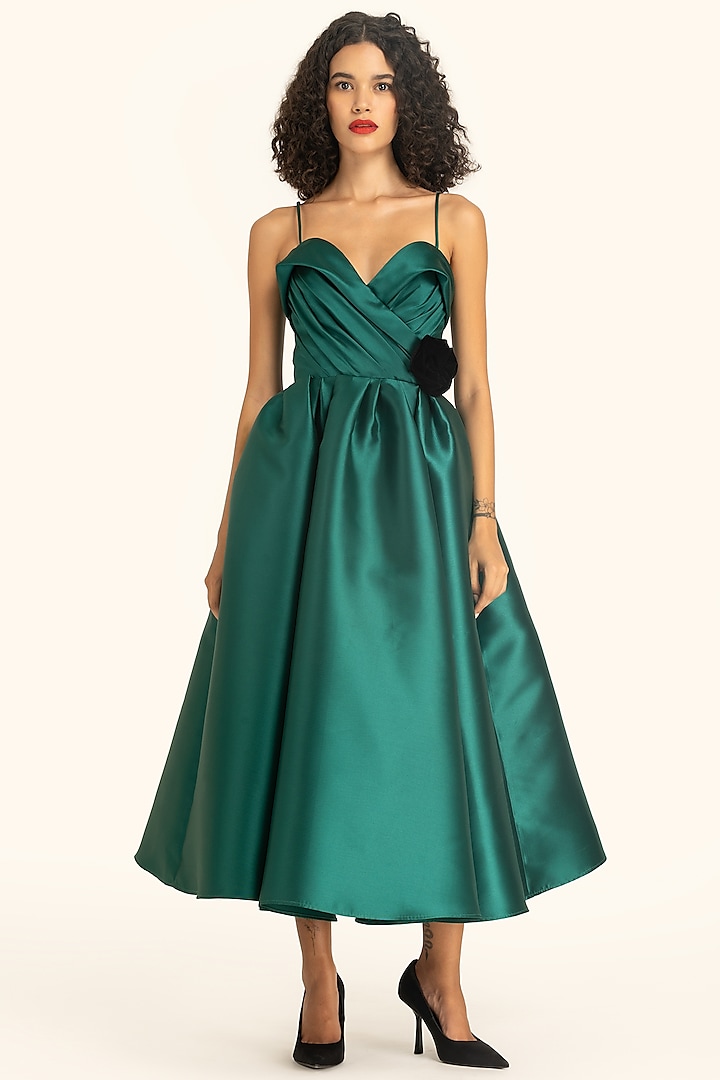 Green Mikado Midi Draped Dress by Gauri And Nainika