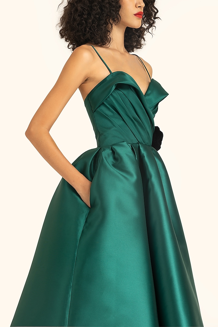 Green Mikado Midi Draped Party Wear Dress by Gauri And Nainika at Pernia's Pop Up Shop