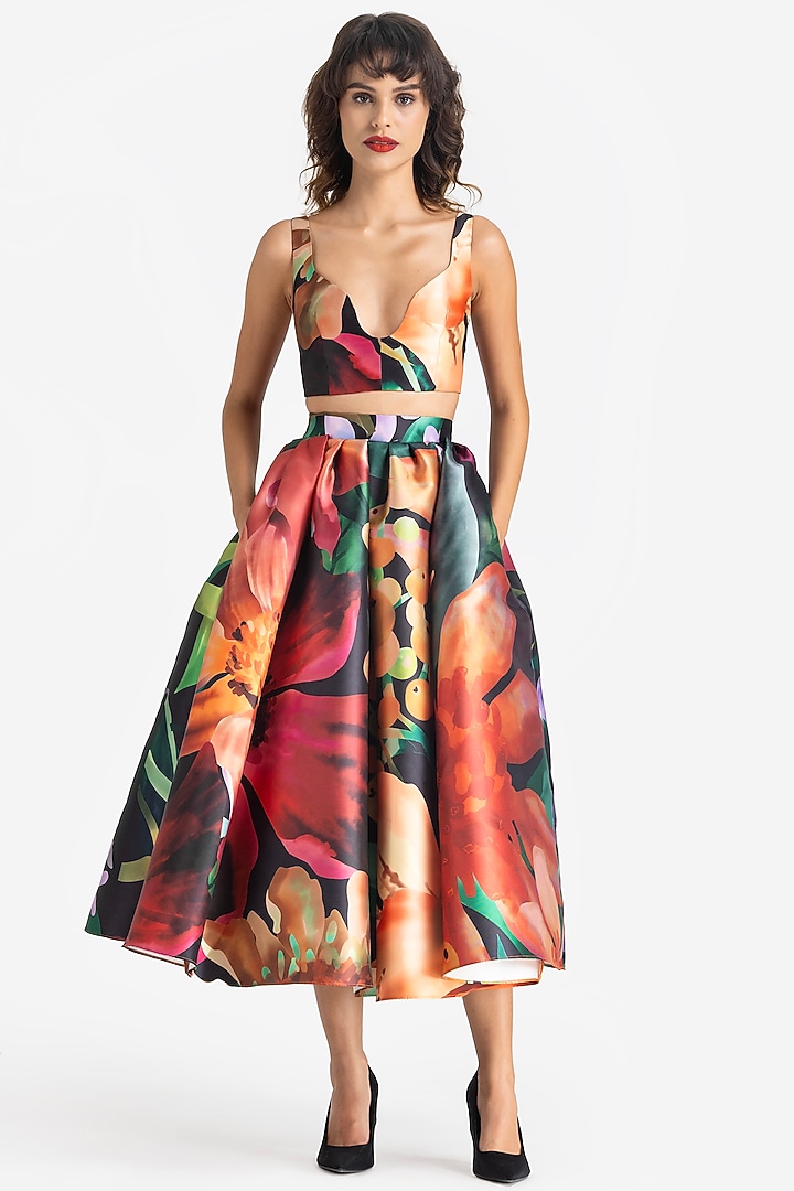 Multi-Colored Mikado Printed Tea-Length Skirt by Gauri And Nainika at Pernia's Pop Up Shop