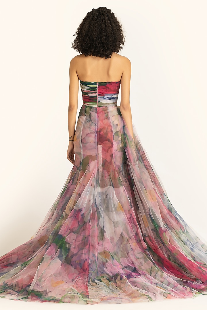 Multi-Colored Net Dahlia Printed Draped Mermaid Bridal Gown by Gauri and Nainika at Pernia's Pop Up Shop