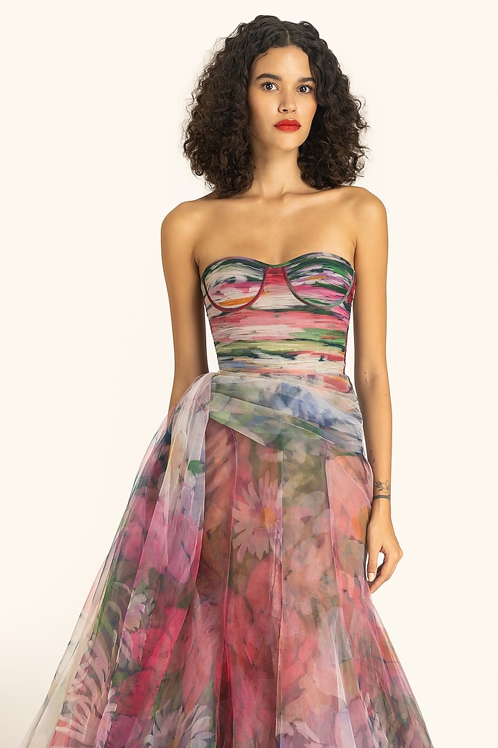 Multi-Colored Net Dahlia Printed Draped Mermaid Bridal Gown by Gauri and Nainika at Pernia's Pop Up Shop