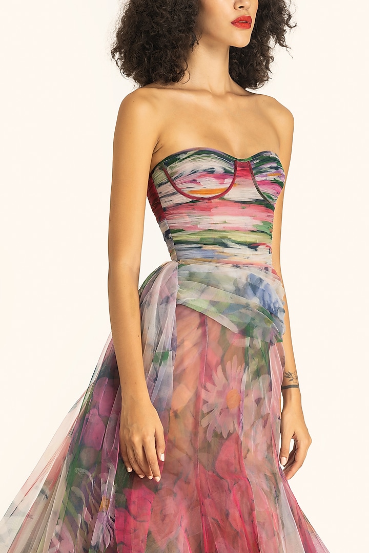 Multi-Colored Net Dahlia Printed Draped Mermaid Bridal Gown by Gauri and Nainika at Pernia's Pop Up Shop