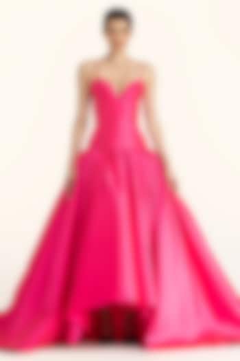 Fuchsia Mikado Drop Waisted High-Low Gown by Gauri and Nainika