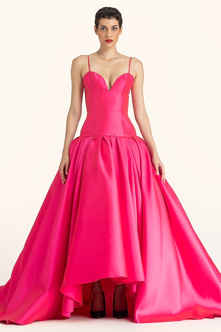 Fuchsia Mikado Drop Waisted High-Low Gown by Gauri and Nainika