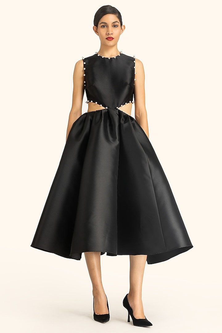 Black Mikado Midi Cut-Out Dress by Gauri and Nainika