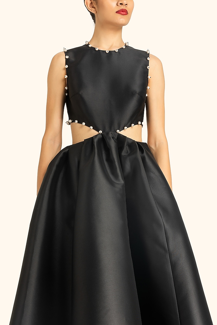 Black Mikado Midi Cut-Out Party Wear Dress by Gauri and Nainika at Pernia's Pop Up Shop