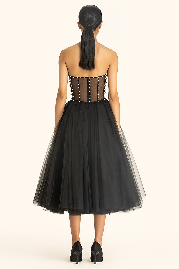 Black Tulle Pearl Strapless Midi Party Wear Dress by Gauri and Nainika at Pernia's Pop Up Shop