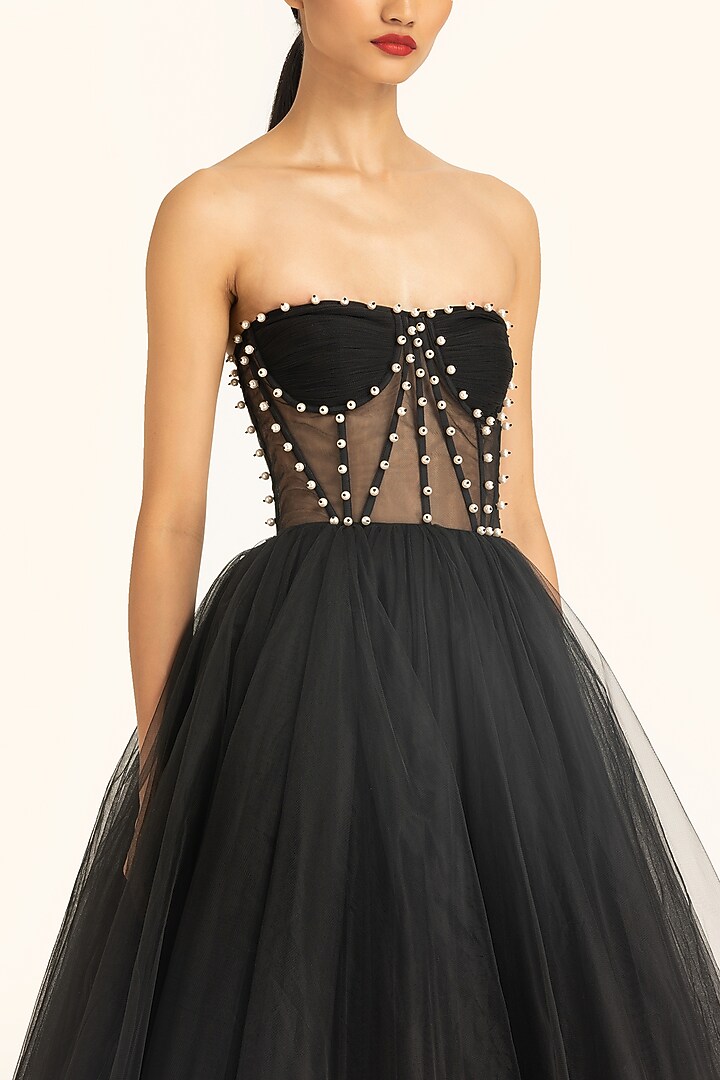 Black Tulle Pearl Strapless Midi Party Wear Dress by Gauri and Nainika at Pernia's Pop Up Shop