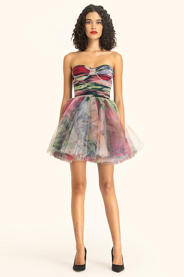 Multi-Colored Tulle Dahlia Printed Mini Dress by Gauri and Nainika