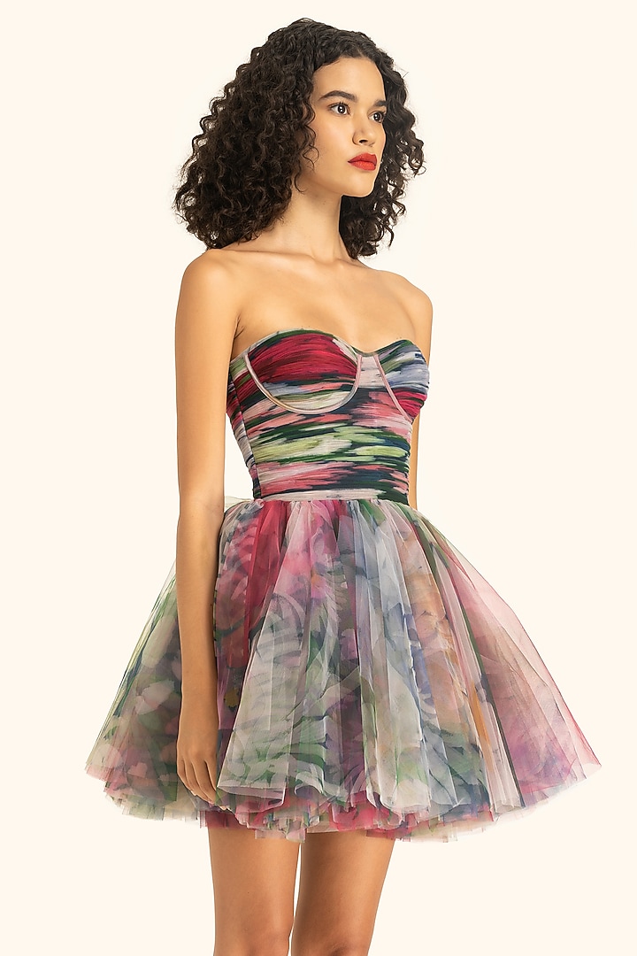 Multi-Colored Tulle Dahlia Printed Mini Party Wear Dress by Gauri and Nainika at Pernia's Pop Up Shop