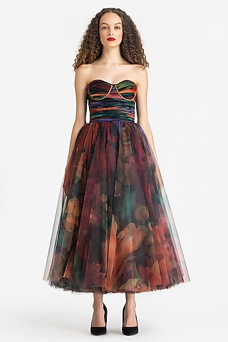 Multi-Colored Tulle Dahlia Printed Midi Dress by Gauri and Nainika