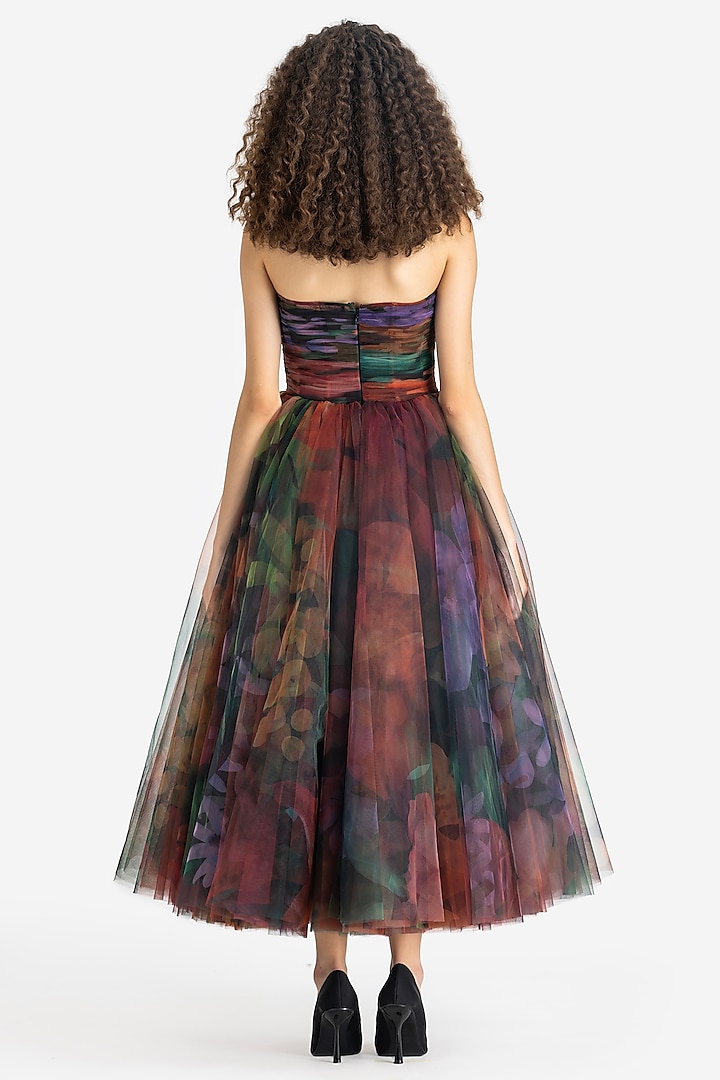 Multi-Colored Tulle Dahlia Printed Midi Party Wear Dress by Gauri and Nainika at Pernia's Pop Up Shop