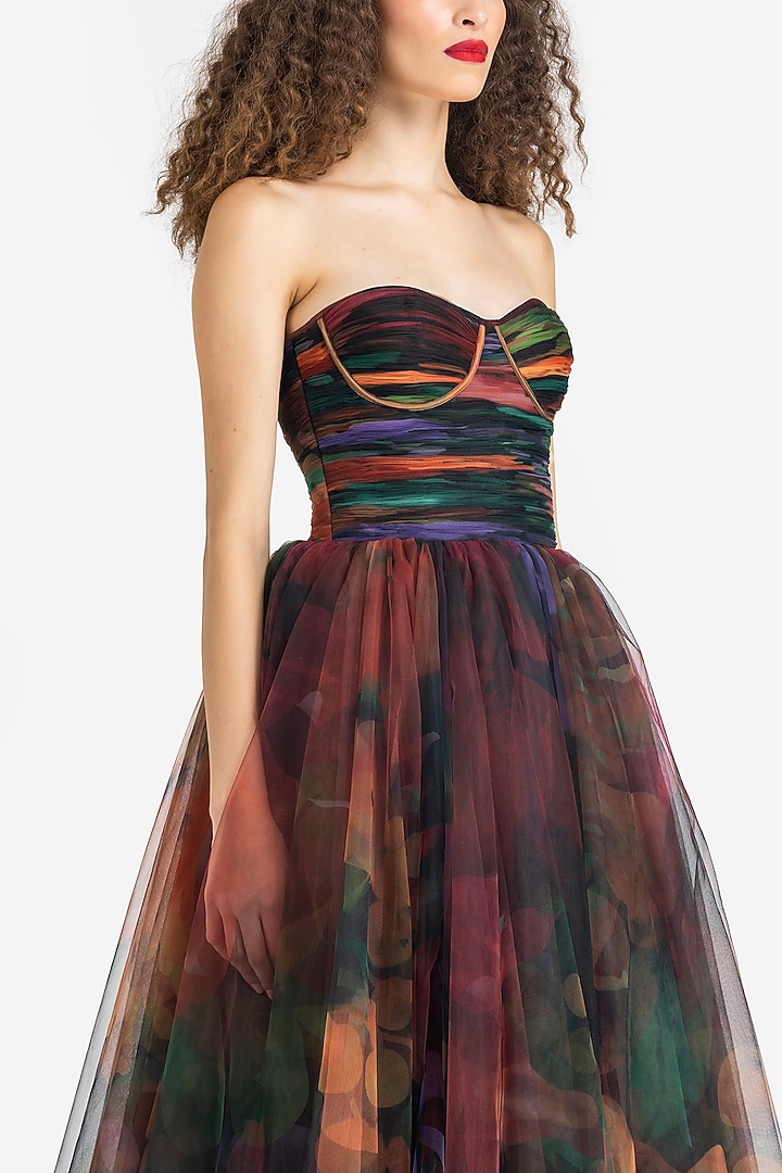 Multi-Colored Tulle Dahlia Printed Midi Party Wear Dress by Gauri and Nainika at Pernia's Pop Up Shop