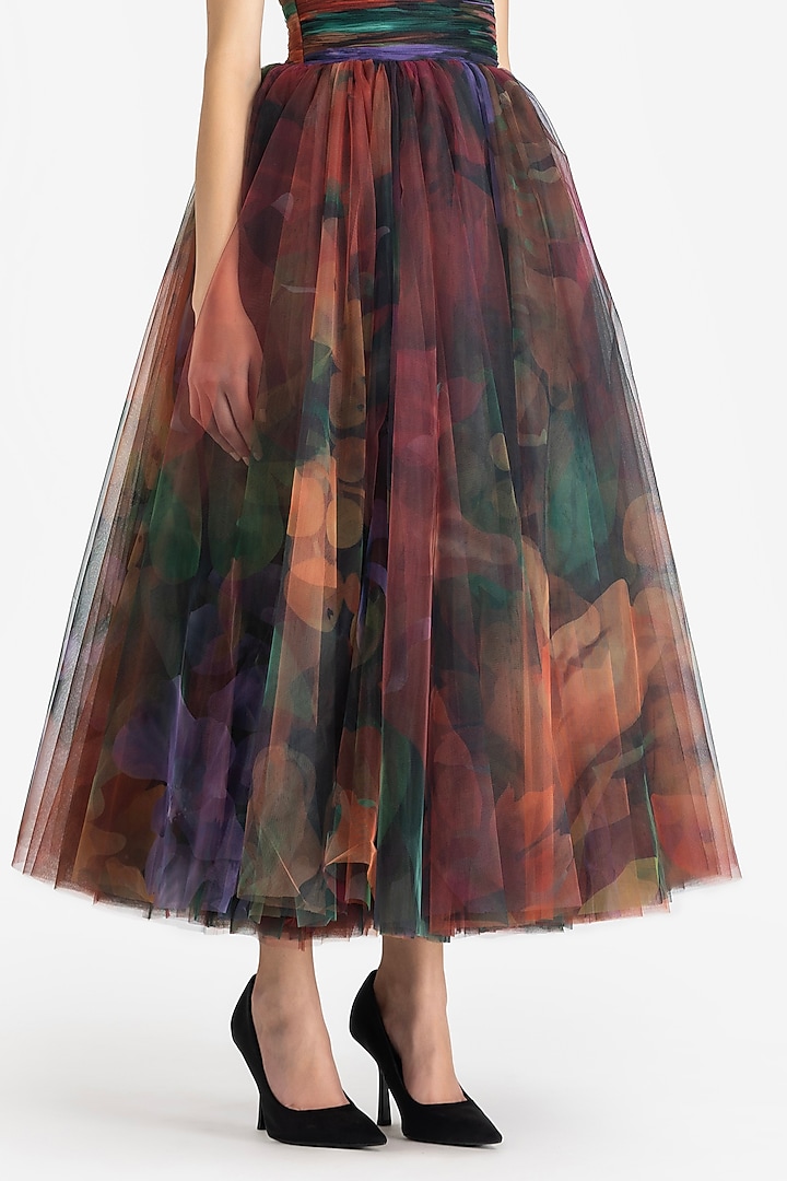 Multi-Colored Tulle Dahlia Printed Midi Party Wear Dress by Gauri and Nainika at Pernia's Pop Up Shop
