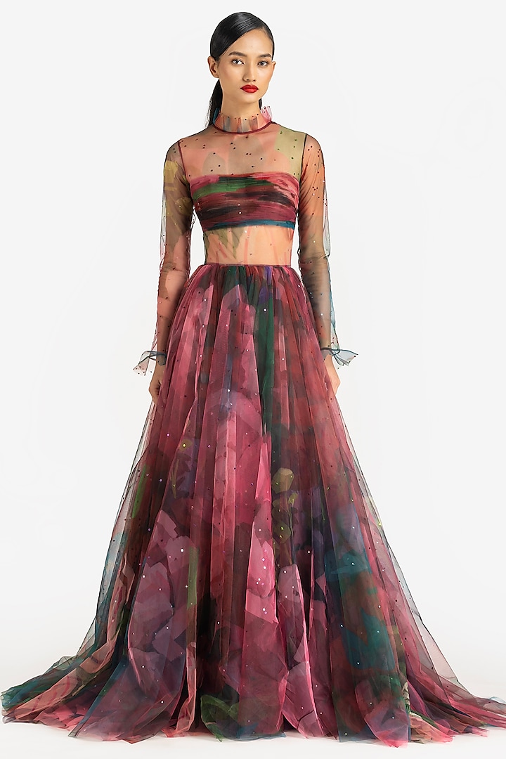 Multi-Colored Tulle Printed & Sequin Embroidered Gown by Gauri and Nainika
