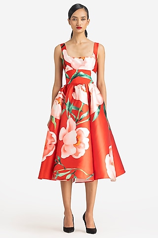 Pink & Red Mikado Midi Dress by Gauri and Nainika