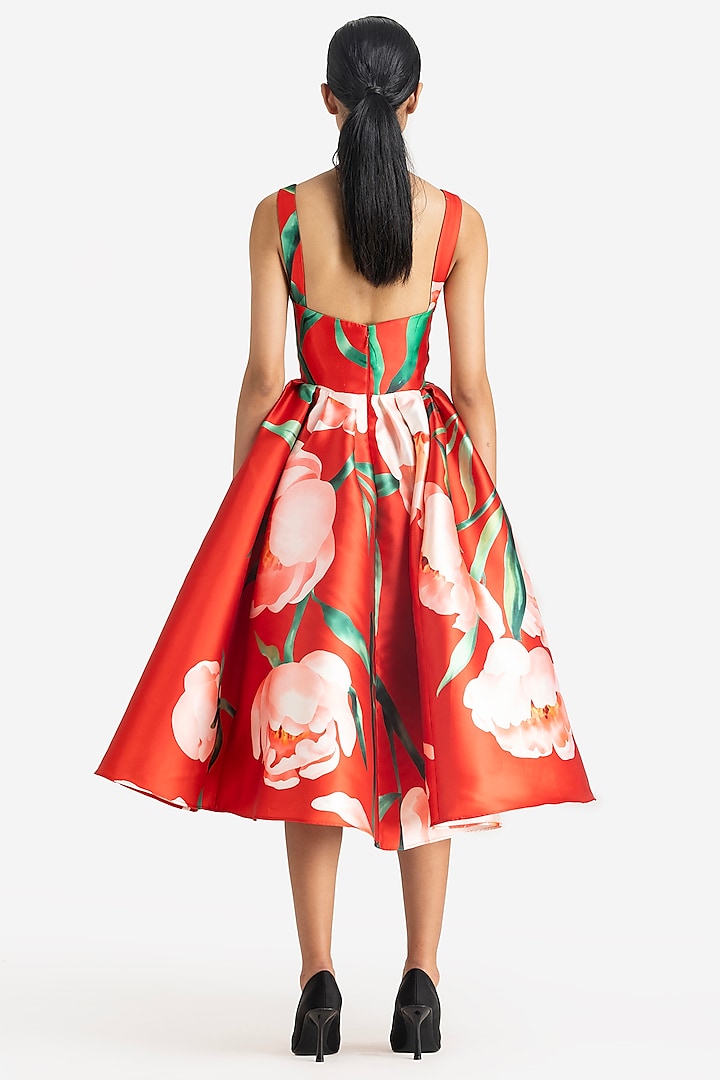 Pink & Red Mikado Midi Party Wear Dress by Gauri and Nainika at Pernia's Pop Up Shop