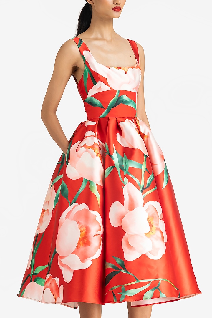 Pink & Red Mikado Midi Party Wear Dress by Gauri and Nainika at Pernia's Pop Up Shop