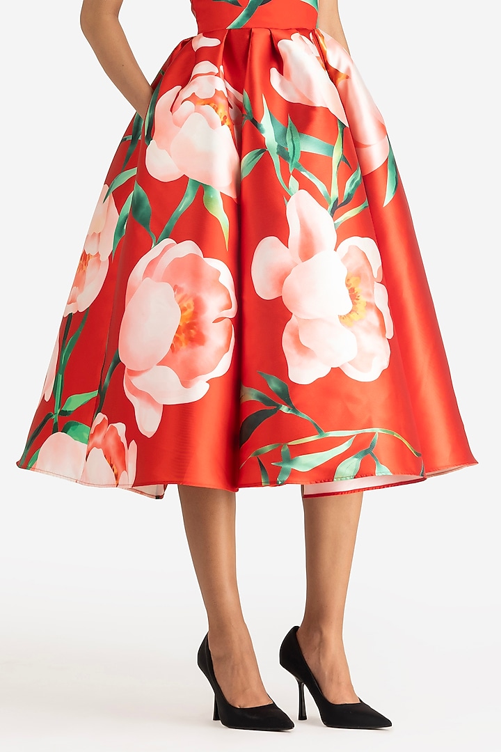 Pink & Red Mikado Midi Party Wear Dress by Gauri and Nainika at Pernia's Pop Up Shop