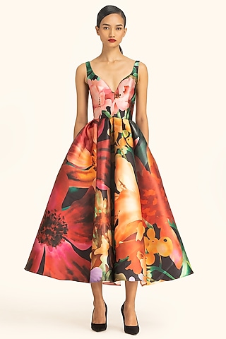 Multi-Colored Mikado Printed Midi Dress by Gauri and Nainika