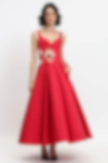 Red Cotton Hand Embroidered Midi Party Wear Dress by Gauri And Nainika at Pernia's Pop Up Shop