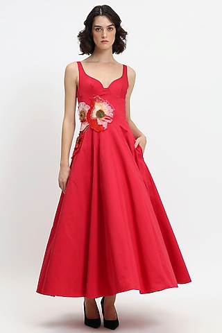 Red Cotton Hand Embroidered Midi Dress by Gauri And Nainika