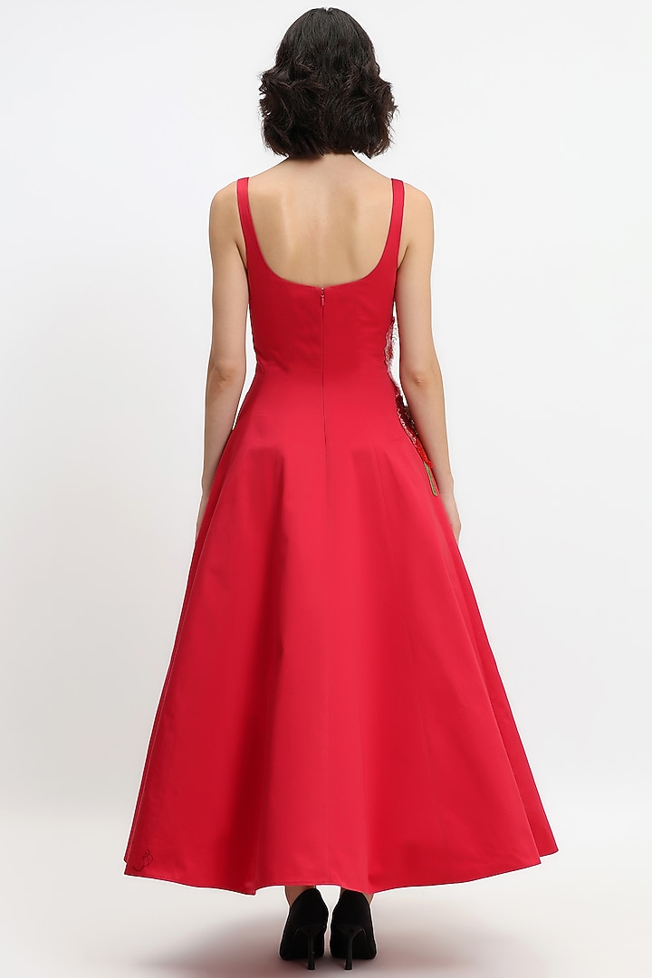 Red Cotton Hand Embroidered Midi Party Wear Dress by Gauri And Nainika at Pernia's Pop Up Shop