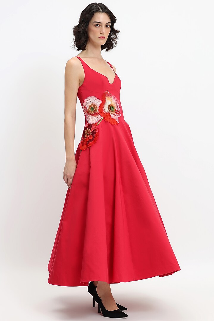 Red Cotton Hand Embroidered Midi Party Wear Dress by Gauri And Nainika at Pernia's Pop Up Shop