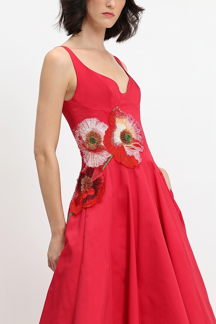 Red Cotton Hand Embroidered Midi Party Wear Dress by Gauri And Nainika at Pernia's Pop Up Shop