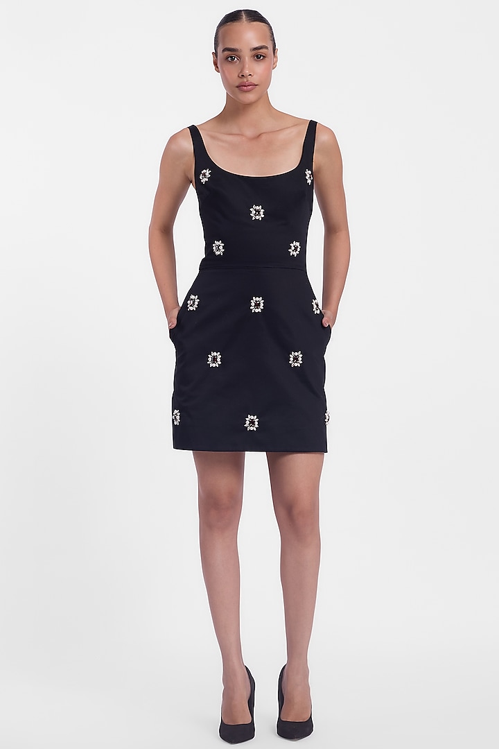 Black Cotton Crystal Embroidered Mini Party Wear Dress by Gauri And Nainika at Pernia's Pop Up Shop