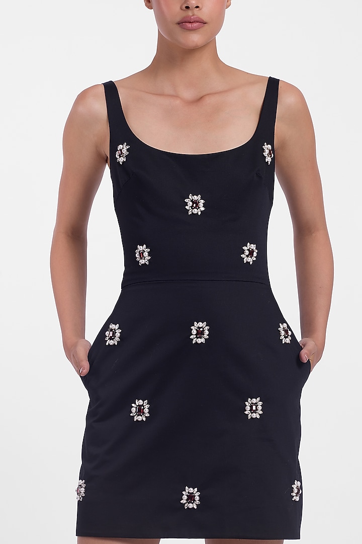 Black Cotton Crystal Embroidered Mini Party Wear Dress by Gauri And Nainika at Pernia's Pop Up Shop